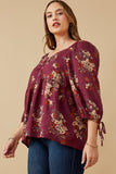 HY6545W Plum Plus Mixed Floral Tie Sleeve Sweetheart Neck Top Full Body
