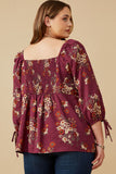 HY6545W Plum Plus Mixed Floral Tie Sleeve Sweetheart Neck Top Side