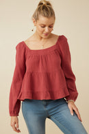 HY6546W Rust Plus Smock Detailed Textured Washed Peplum Top Front