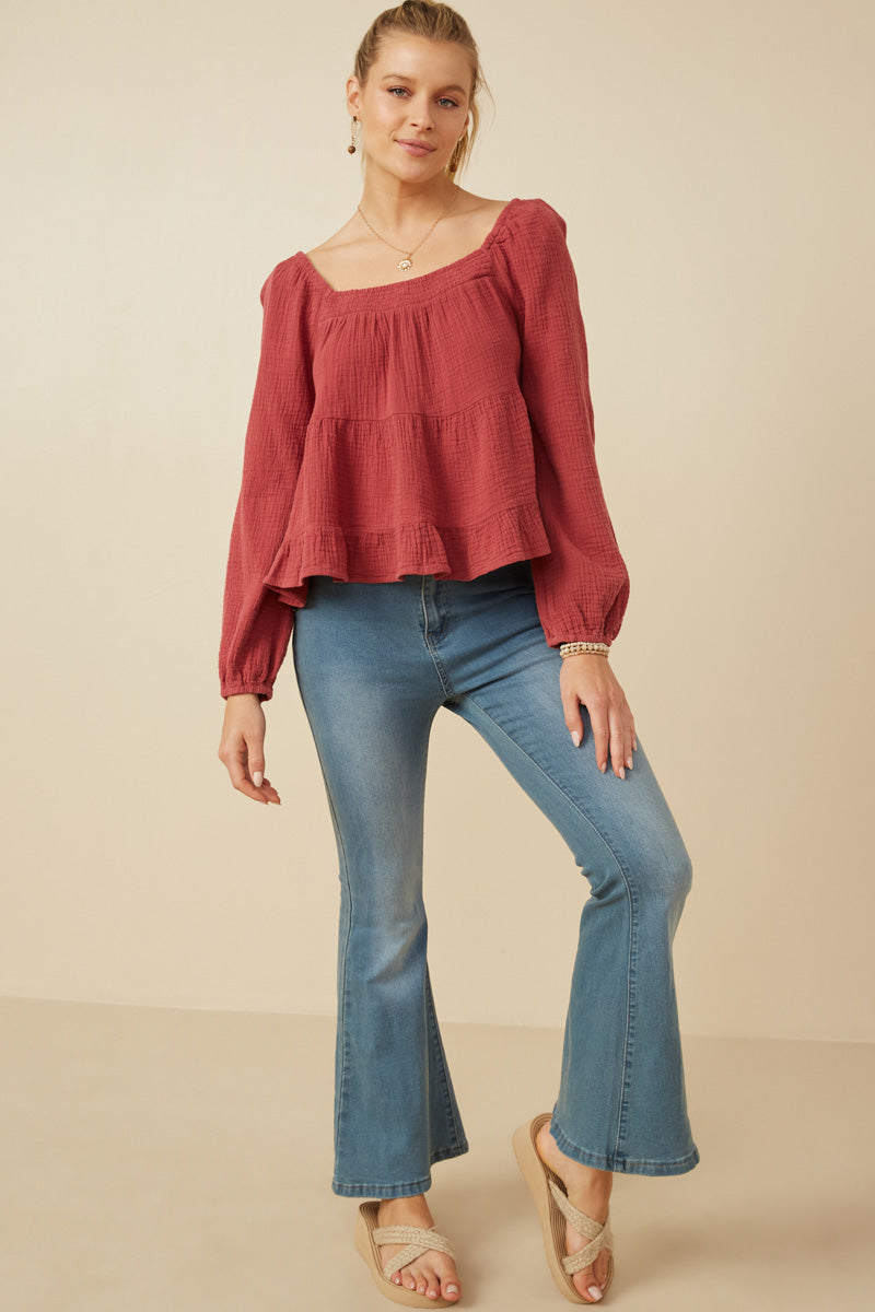 HY6546 Rust Womens Smock Detailed Textured Washed Peplum Top Gif