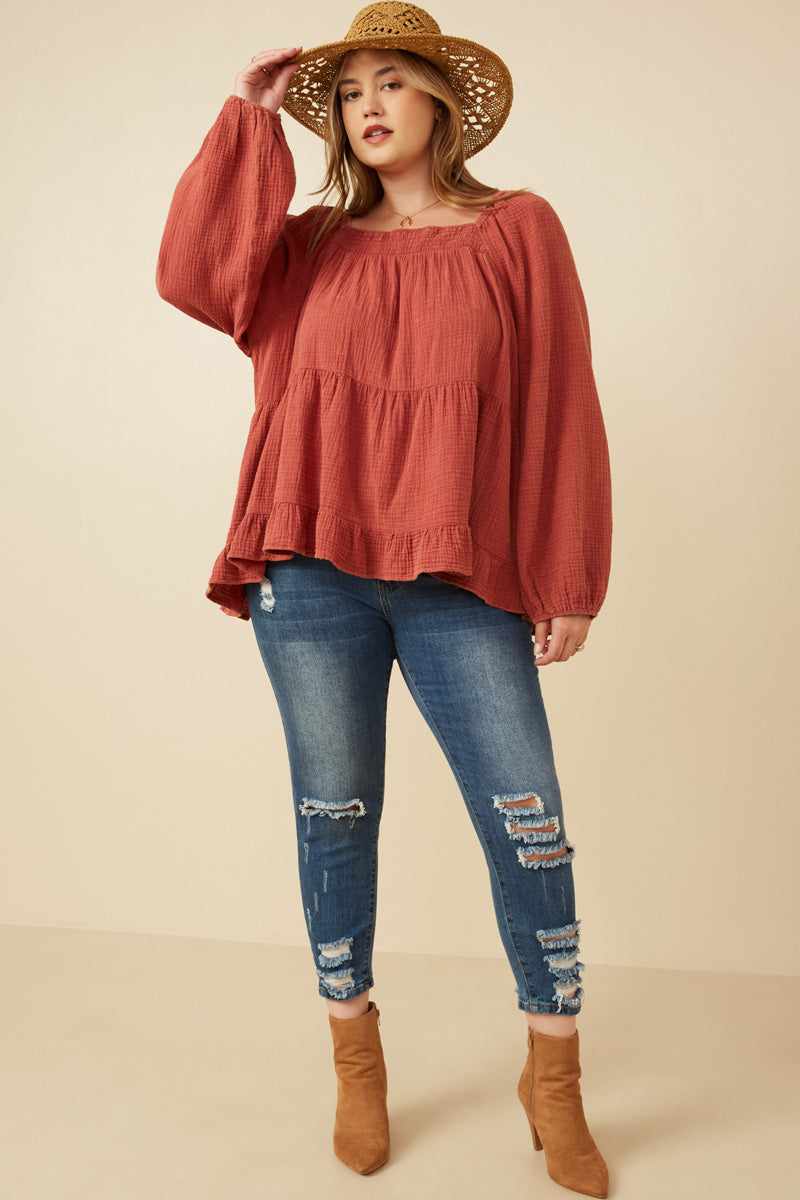 HY6546 Rust Womens Smock Detailed Textured Washed Peplum Top Back