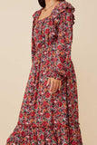 HY6551 Cherry Womens Floral Print Ruffled Square Neck Midi Dress Gif