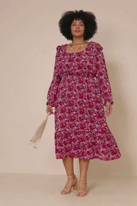 HY6551 Cherry Womens Floral Print Ruffled Square Neck Midi Dress Full Body 2