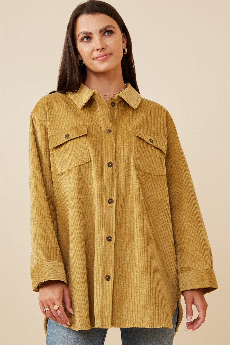 Womens Contrast Paneled Corduroy Button Up Shacket