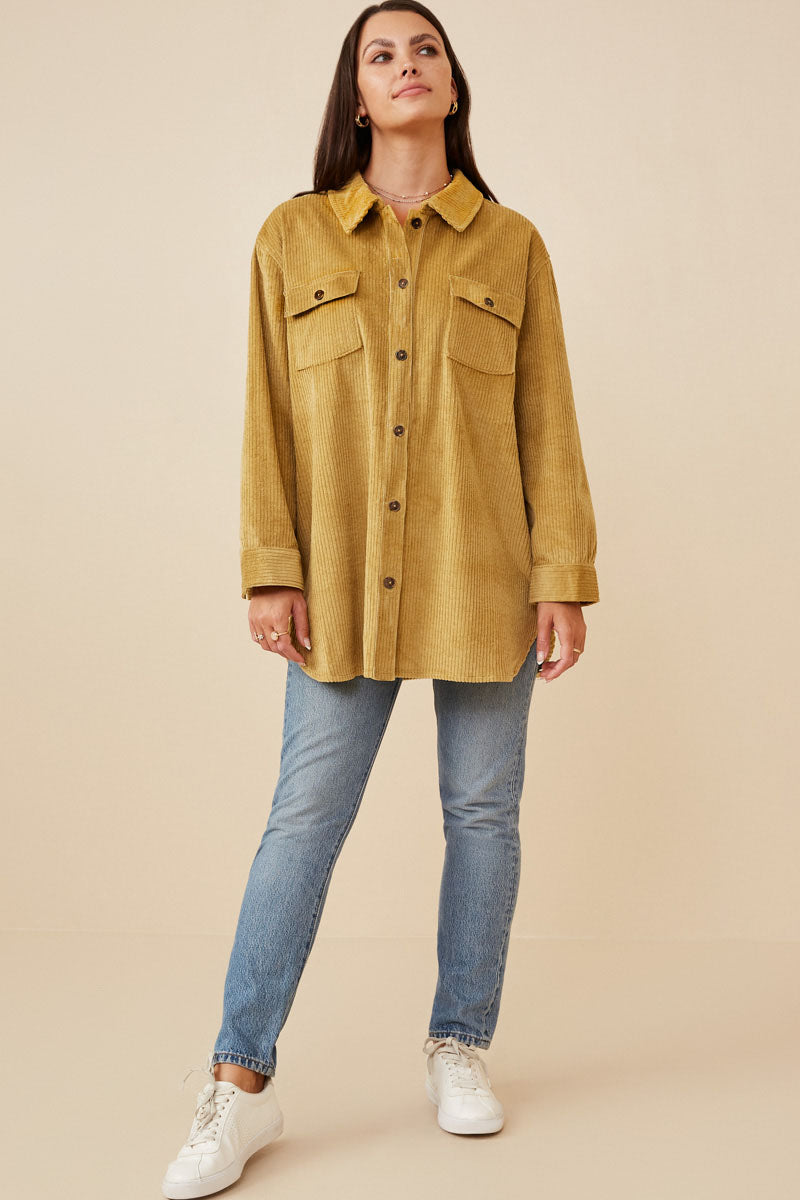 HY6553 Mustard Womens Contrast Paneled Corduroy Button Up Shacket Full Body
