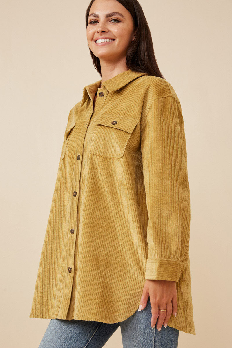 HY6553 Mustard Womens Contrast Paneled Corduroy Button Up Shacket Side