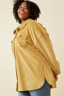 HY6553W Mustard Plus Contrast Paneled Corduroy Button Up Shacket Front
