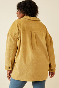 HY6553W Mustard Plus Contrast Paneled Corduroy Button Up Shacket Side