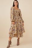 HY6555 Mustard Womens Floral Print Smocked Bodice Tiered Dress Full Body