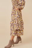 HY6555W Mustard Plus Floral Print Smocked Bodice Tiered Dress Side