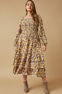 HY6555 Mustard Womens Floral Print Smocked Bodice Tiered Dress Detail