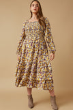 HY6555 Mustard Womens Floral Print Smocked Bodice Tiered Dress Detail