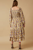 HY6555W Mustard Plus Floral Print Smocked Bodice Tiered Dress Full Body