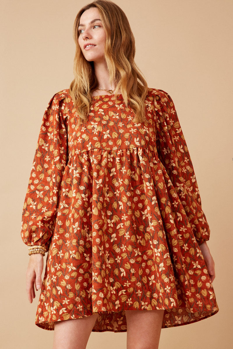 Floral Printed Corduroy Pleated Sleeve Dress