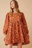 HY6558 RUST Womens Floral Printed Corduroy Pleated Sleeve Dress Front