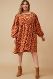 HY6558 RUST Womens Floral Printed Corduroy Pleated Sleeve Dress Full Body