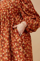 HY6558 RUST Womens Floral Printed Corduroy Pleated Sleeve Dress Side