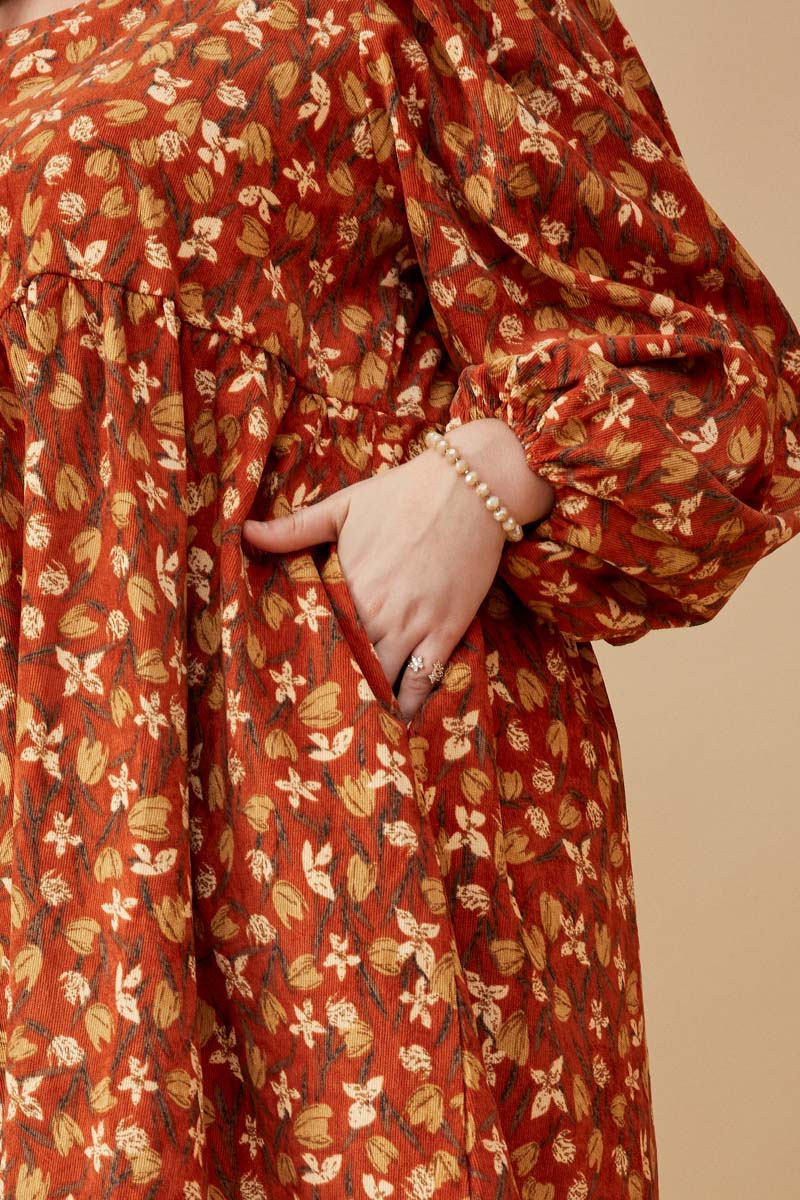 HY6558 RUST Womens Floral Printed Corduroy Pleated Sleeve Dress Side