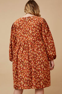 HY6558 RUST Womens Floral Printed Corduroy Pleated Sleeve Dress Back
