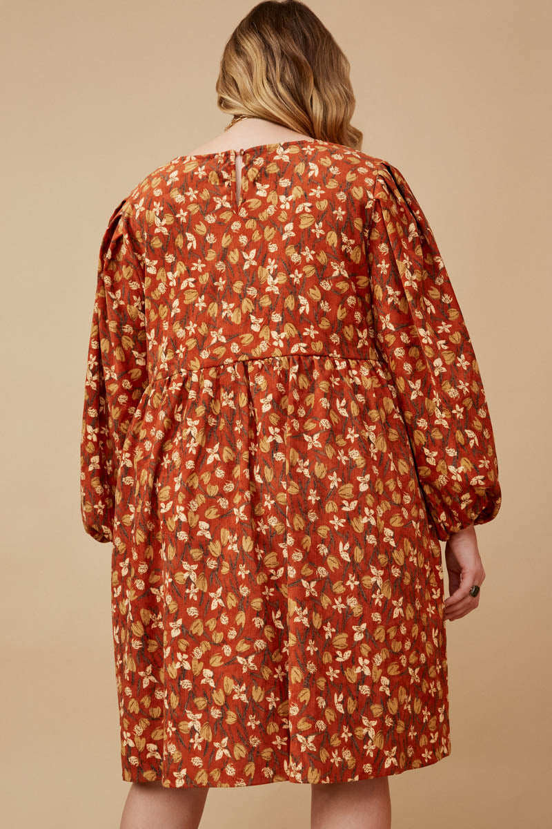 HY6558 RUST Womens Floral Printed Corduroy Pleated Sleeve Dress Back