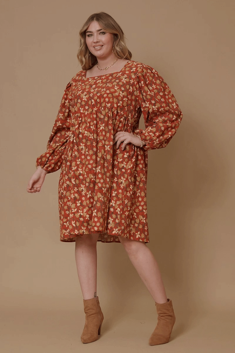 Floral Printed Corduroy Pleated Sleeve Dress
