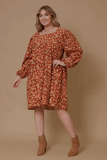HY6558W RUST Plus Floral Printed Corduroy Pleated Sleeve Dress Front
