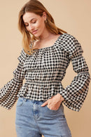 HY6564 Black Womens Gingham Peasant Sleeve Square Neck Top Front