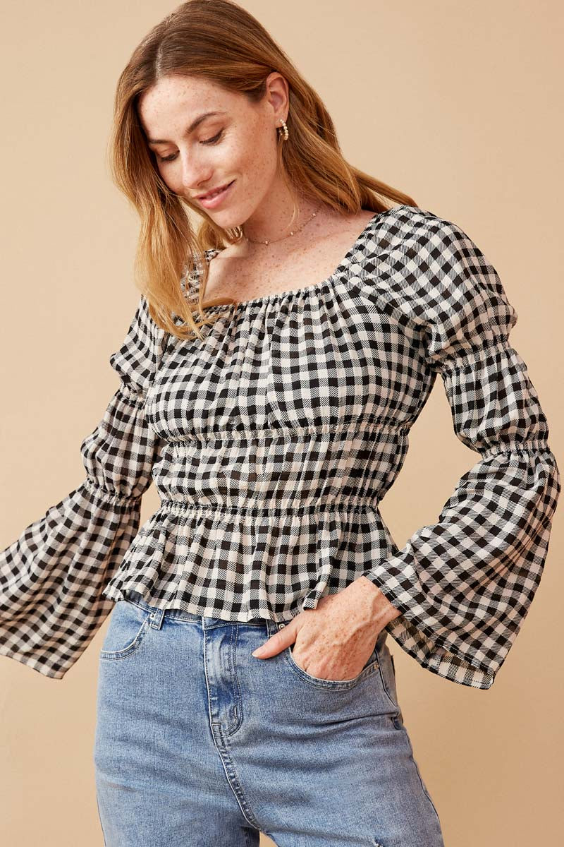 Gingham Peasant Sleeve Square Neck Top