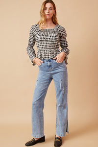 HY6564 Black Womens Gingham Peasant Sleeve Square Neck Top Full Body