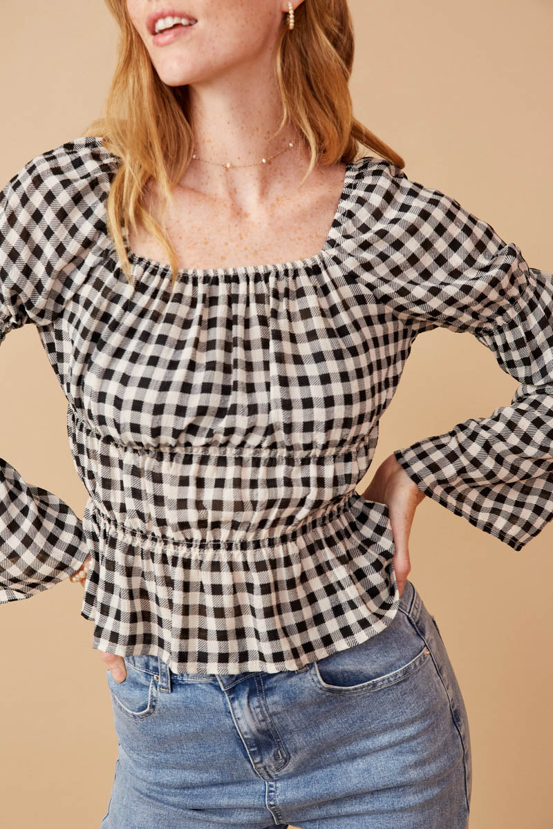 HY6564 Black Womens Gingham Peasant Sleeve Square Neck Top Detail