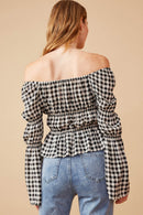 HY6564 Black Womens Gingham Peasant Sleeve Square Neck Top Back