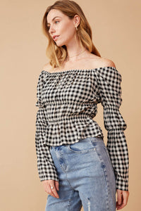 HY6564 Black Womens Gingham Peasant Sleeve Square Neck Top Side