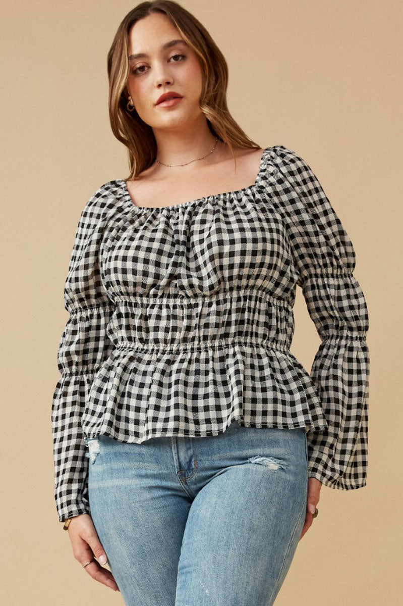 Gingham Peasant Sleeve Square Neck Top