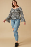 HY6564W Black Plus Gingham Peasant Sleeve Square Neck Top Front