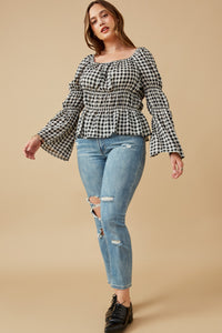 HY6564W Black Plus Gingham Peasant Sleeve Square Neck Top Front