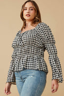 HY6564W Black Plus Gingham Peasant Sleeve Square Neck Top Gif