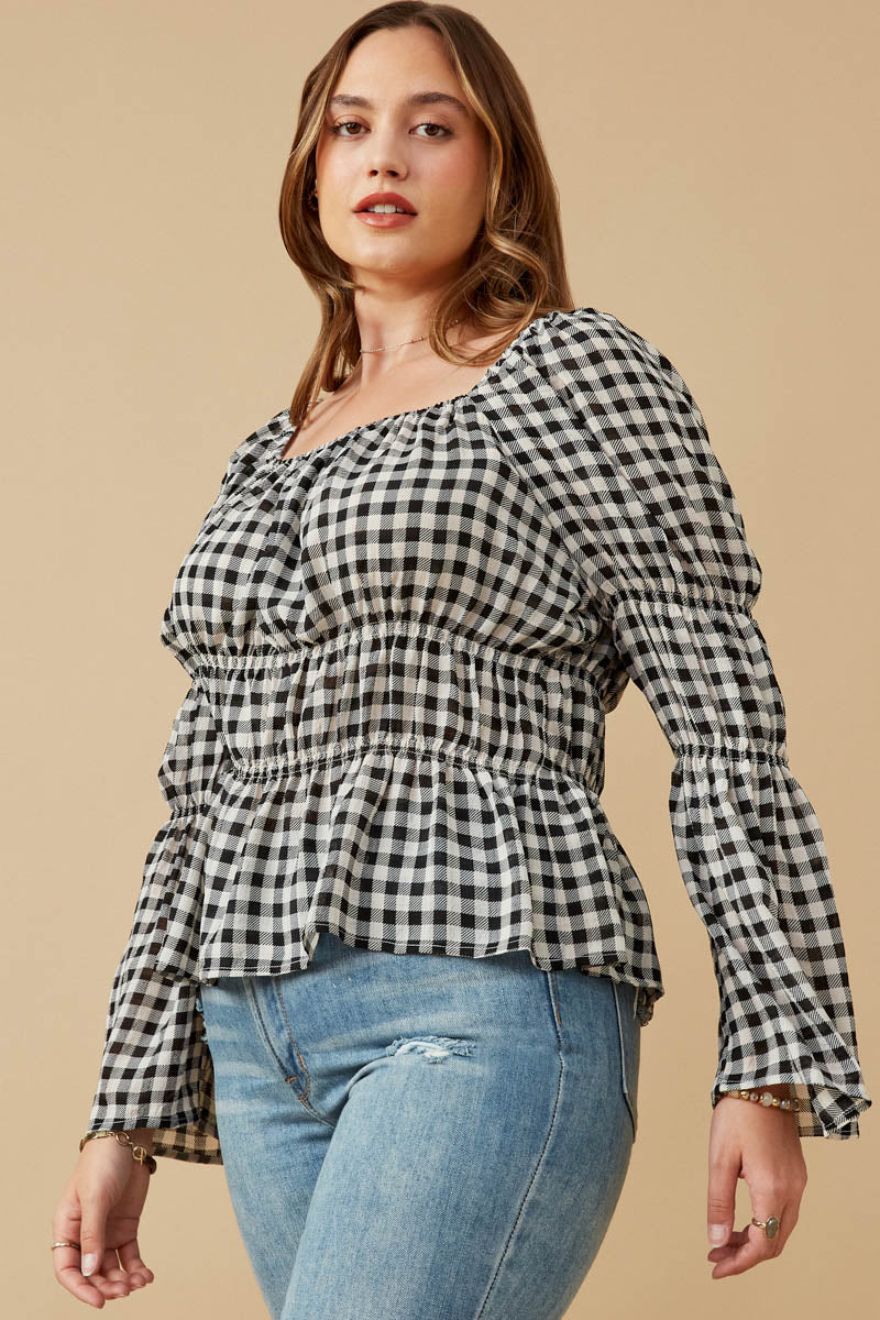 HY6564W Black Plus Gingham Peasant Sleeve Square Neck Top Gif