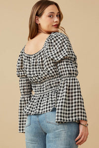 HY6564W Black Plus Gingham Peasant Sleeve Square Neck Top Full Body