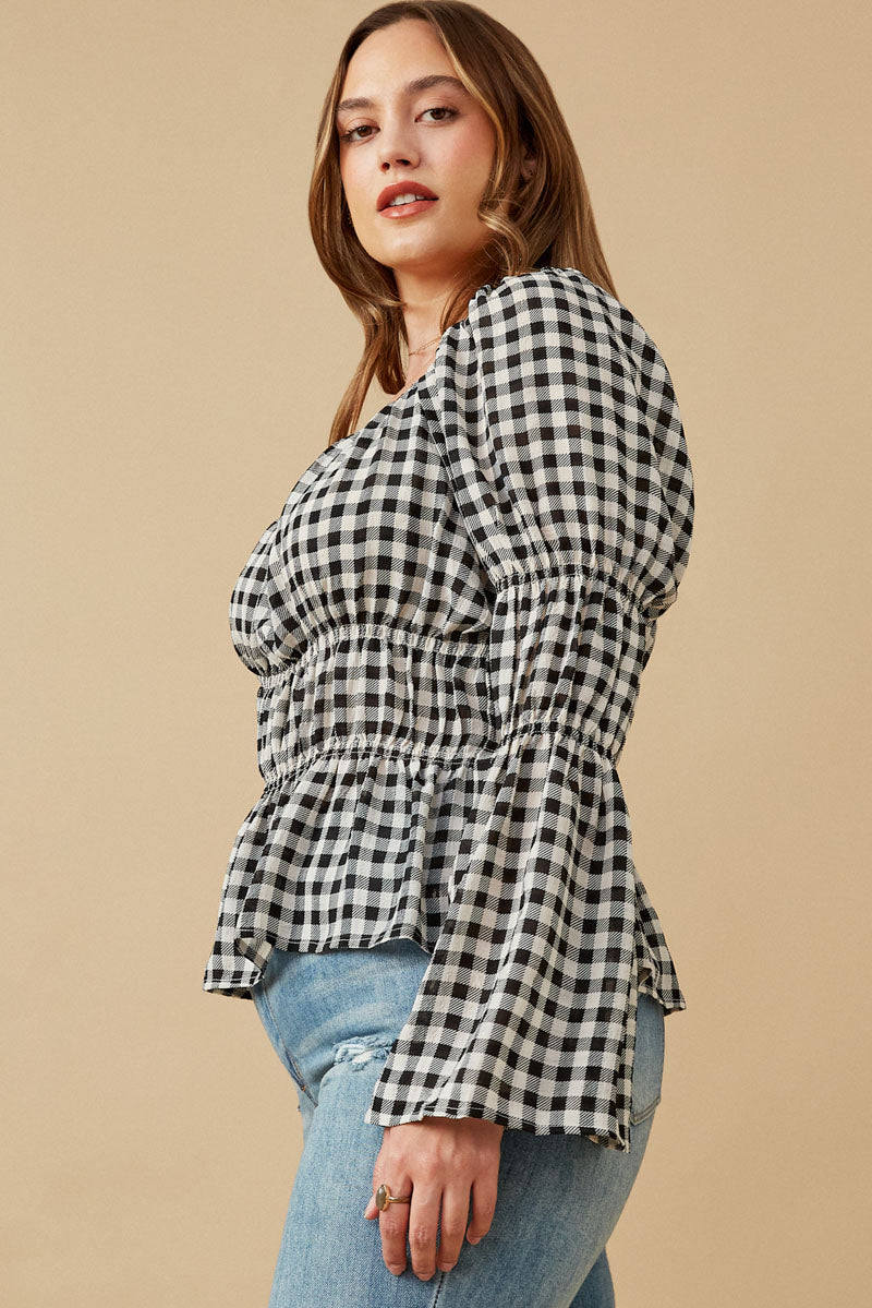 HY6564W Black Plus Gingham Peasant Sleeve Square Neck Top Front 2