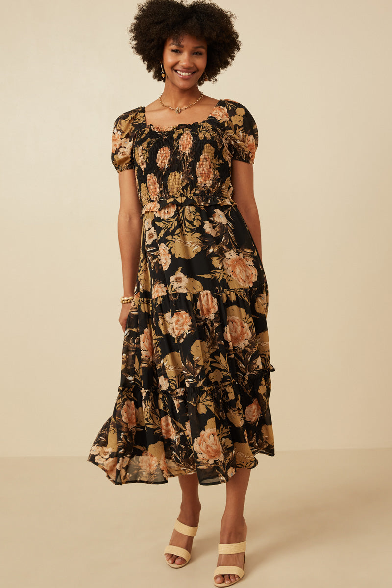 Antique Floral Smocked Puff Sleeve Dress