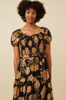 HY6580 BLACK Womens Antique Floral Smocked Puff Sleeve Dress Gif