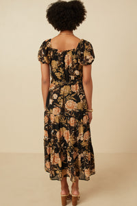 HY6580 BLACK Womens Antique Floral Smocked Puff Sleeve Dress Detail