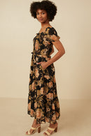 HY6580 BLACK Womens Antique Floral Smocked Puff Sleeve Dress Back