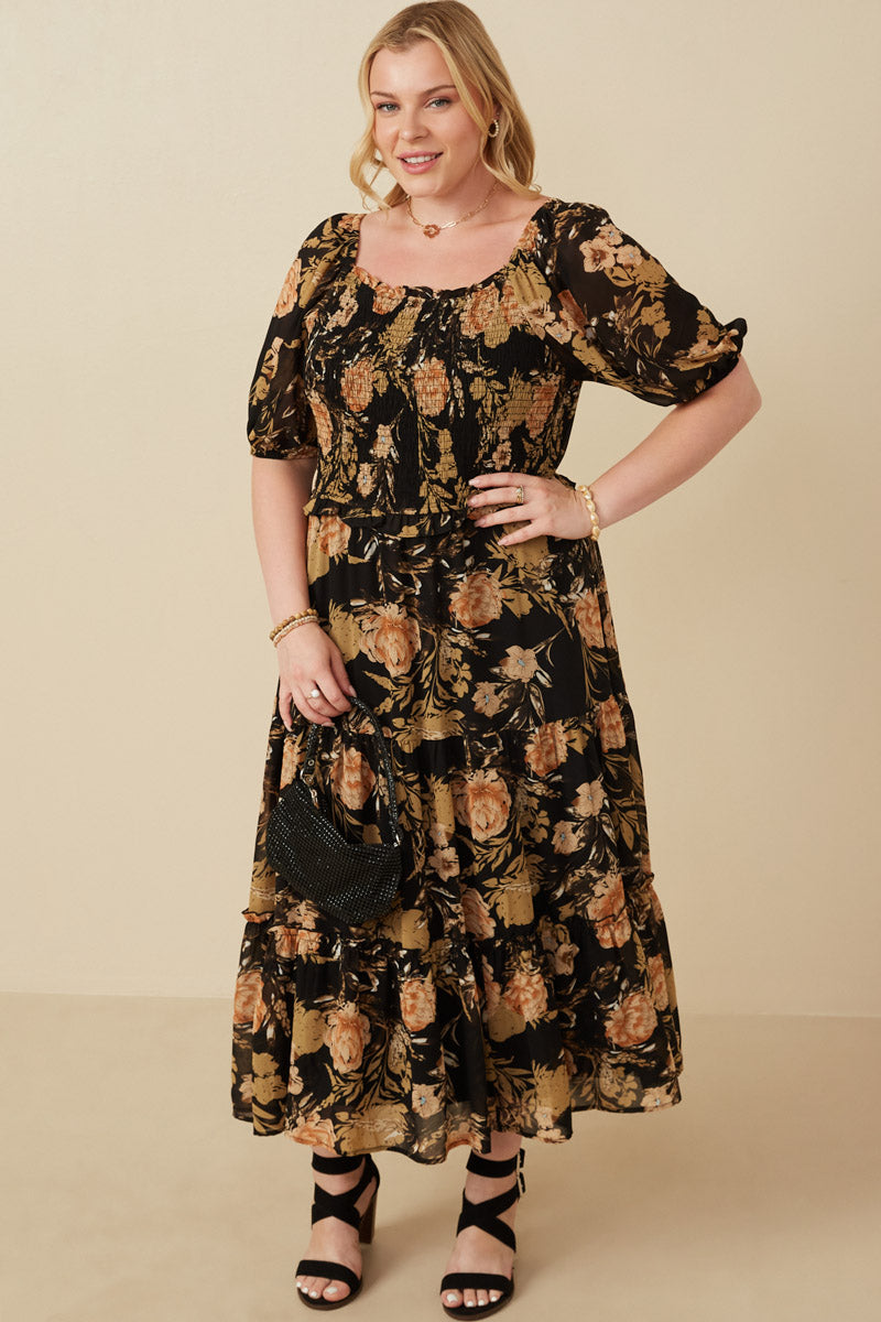 Antique Floral Smocked Puff Sleeve Dress