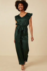 HY6583 Green Womens Ruffled Crushed Satin Wide Leg Jumpsuit Editorial