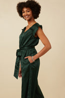 HY6583 GREEN Womens Ruffled Crushed Satin Wide Leg Jumpsuit Gif