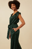 HY6583 GREEN Womens Ruffled Crushed Satin Wide Leg Jumpsuit Front