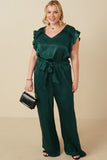 HY6583 GREEN Womens Ruffled Crushed Satin Wide Leg Jumpsuit Full Body