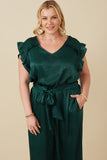 HY6583 GREEN Womens Ruffled Crushed Satin Wide Leg Jumpsuit Side
