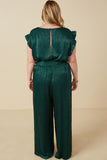 HY6583W Green Plus Ruffled Crushed Satin Wide Leg Jumpsuit Front